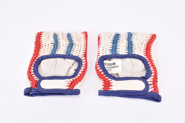 NOS French / Dutch flag colored crochet cycling gloves in size medium from the 1970s / 1980s