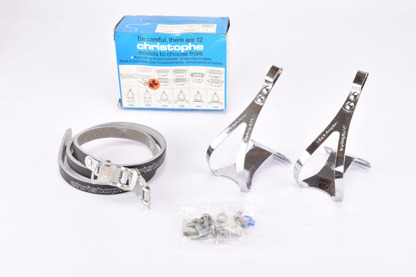 NOS/NIB Christophe chromed steel  toe clips #506 with black leather straps