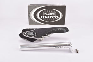 NOS Black Selle San Marco Era "One Click" Saddle with adjustable aluminium Rails and Selcof Seatpost from the early 2000s (bike fitting?)