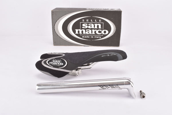 NOS Black Selle San Marco Era "One Click" Saddle with adjustable aluminium Rails and Selcof Seatpost from the early 2000s (bike fitting?)