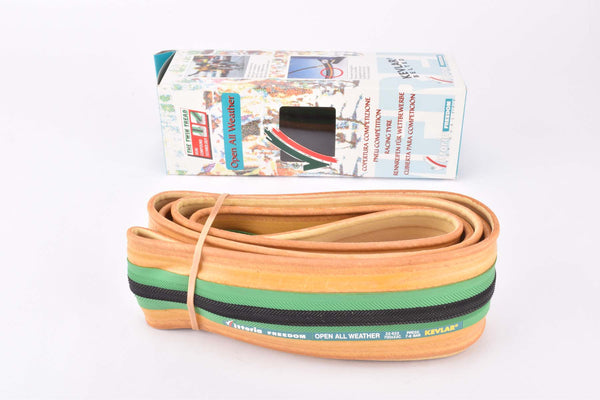 NOS/NIB Vittoria Freedom Open All Weather Green and Black Skinwall folding single Tire (clincher) in 22-622mm (28" / 700x22C) from the 1990s - 2000s