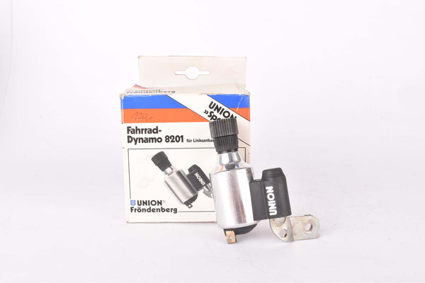 NOS/NIB Union Fahrrad-Dynamo #8201 Linksanbau (rechtsschwingend, Seitenläufer) right swinging left mount side running dynamo generator from the 1970s - 1980s