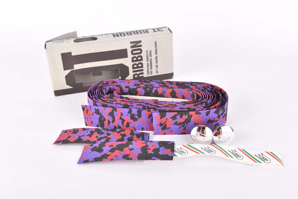 NOS 3ttt cork purple/black/red ribbon handlebar tape with silver end plugs from the 1980s NOS/NIB