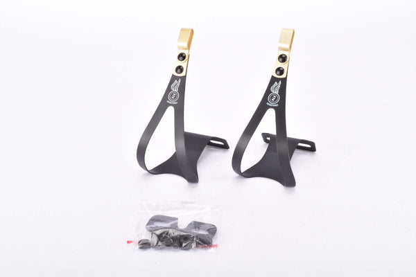 NOS Ale Black and Gold light aluminum alloy toe clip set #97/L.D. dark anodized from the 1980s