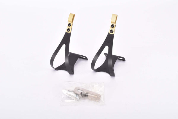 NOS Ale Black and Gold light aluminum alloy toe clip set #97/L.D. dark anodized from the 1980s