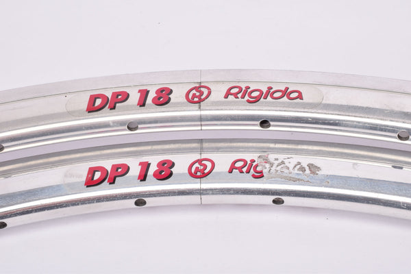 NOS Rigida DP 18 silver polished high profile aero Clincher Rim Set in 28"/622mm (700C) with 32 holes from the 1980s - 2000s