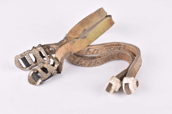 Francesco Moser labled Cobra leather pedal toe clip straps with white REG pedal strap end caps from the 1980s