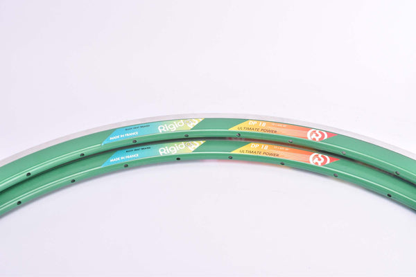 NOS Rigida DP 18 Ultimate Power green Clincher Rim Set in 28"/622mm (700C) with 32 holes from the 1980s - 2000s
