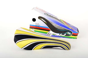 NEW Huracan Crono Saddle with yellow/black/white lycra deck from the 1980s NOS/NIB